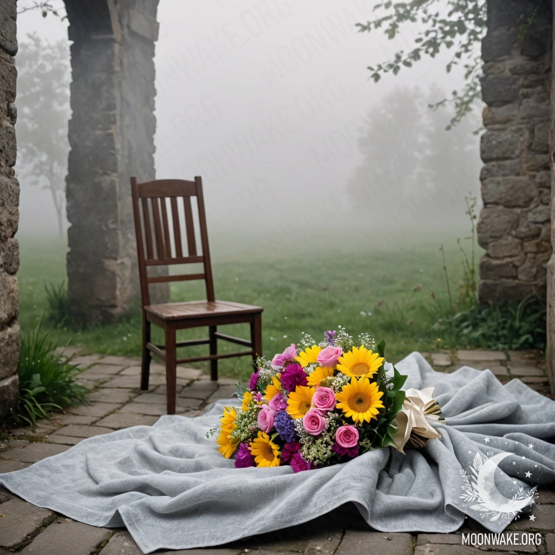 Кресло с пледом и букетом цветов на нём, на фоне обшарпанной стены в густом тумане.