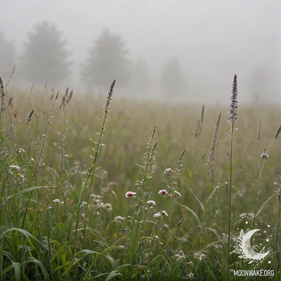 Крупный план травы в туманном поле с размытыми цветами на заднем плане