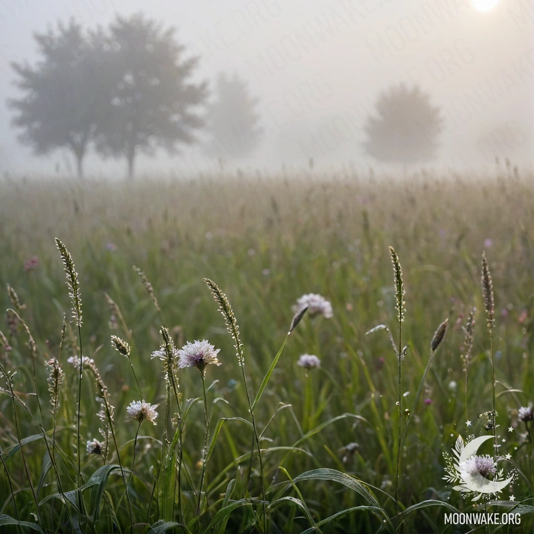 Крупный план травы на туманном лугу с размазанными цветами на фоне.