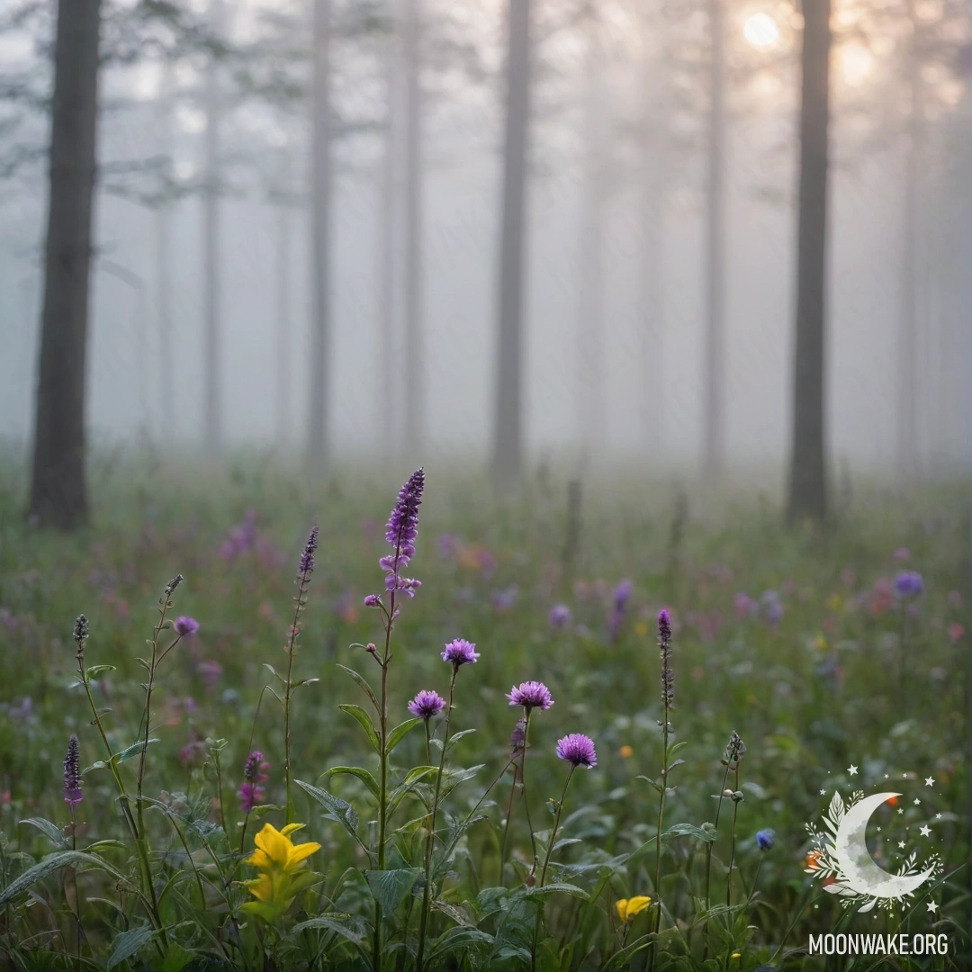 Крупный план прекрасных полевых цветов на фоне размытого леса в густом тумане.