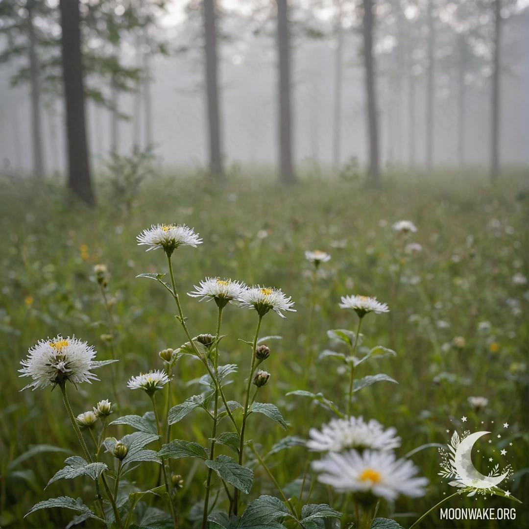 Крупный план изысканных цветов на туманном лугу с размытым лесным фоном.
