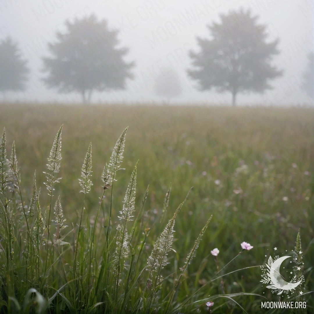 Крупный план травы на туманном лугу с цветами на заднем плане в размытом виде.