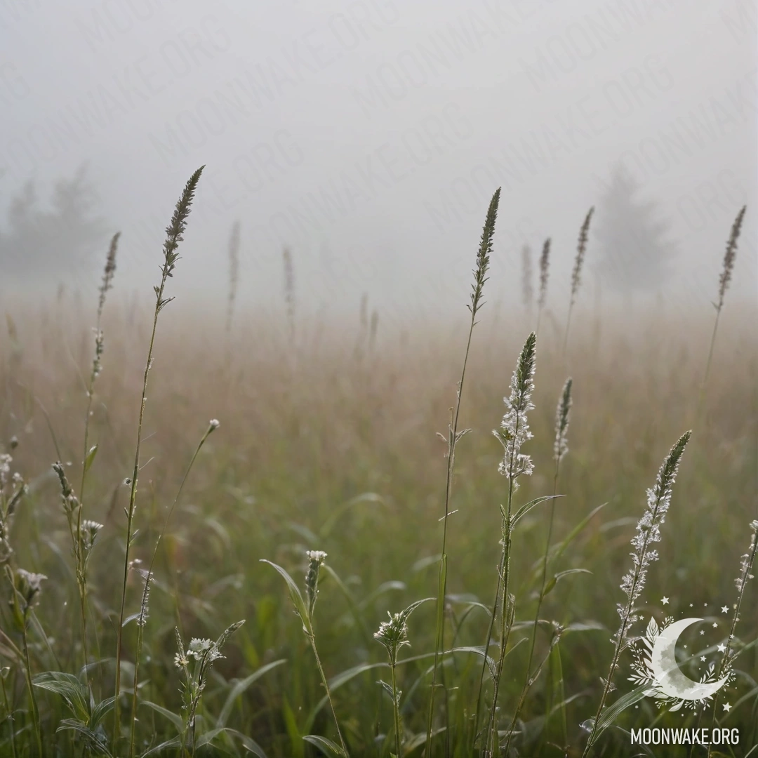 Крупный план нежной травы на туманном лугу с размытыми цветами в фоне.
