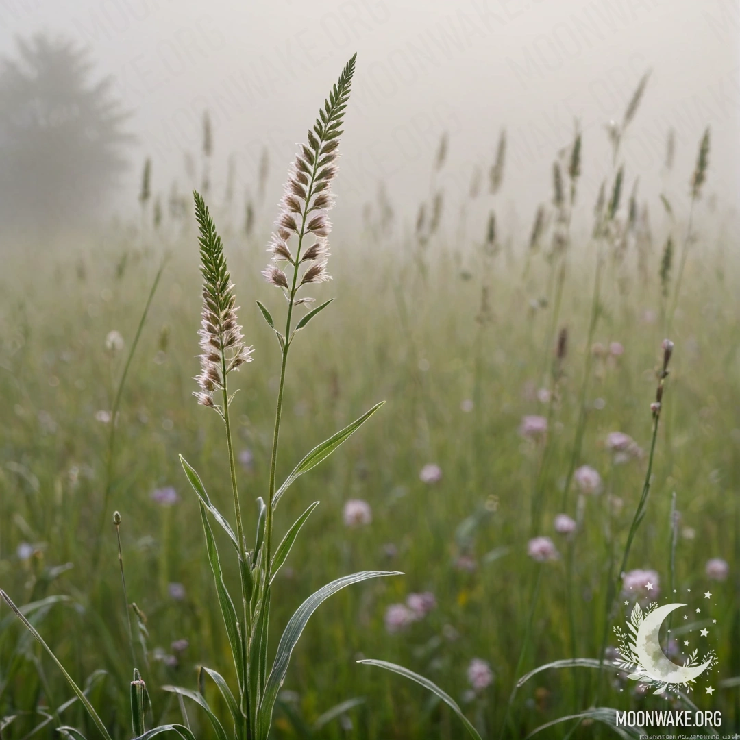 Крупный план мягкой поляны травы в тумане, в окружении цветных цветов.