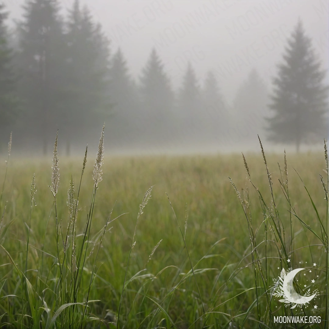 Крупный план красивой травы на фоне расплывчатого леса в густом тумане.