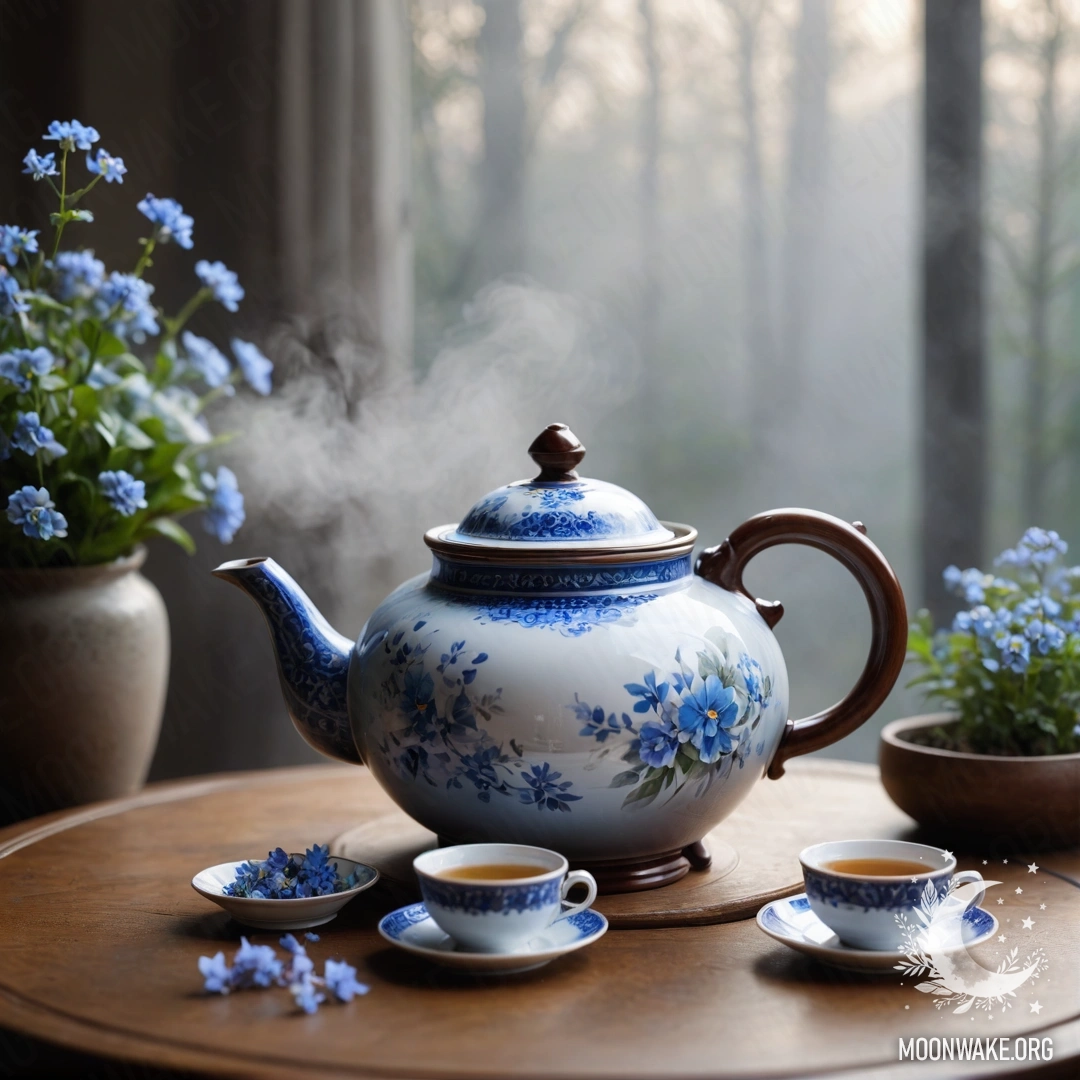 Круглый деревянный стол с фарфоровым чайником, наполненным синими цветами, окруженный густым туманом и тяжелым дымом.