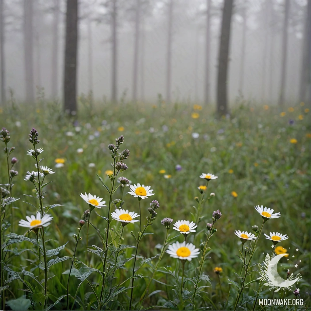 Детали нежных цветов на спокойном лугу, окруженном туманным лесом.