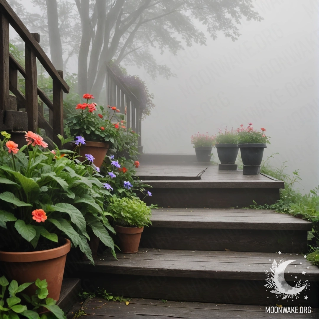 Спокойная деревянная лестница, украшенная цветочными горшками в густом тумане.