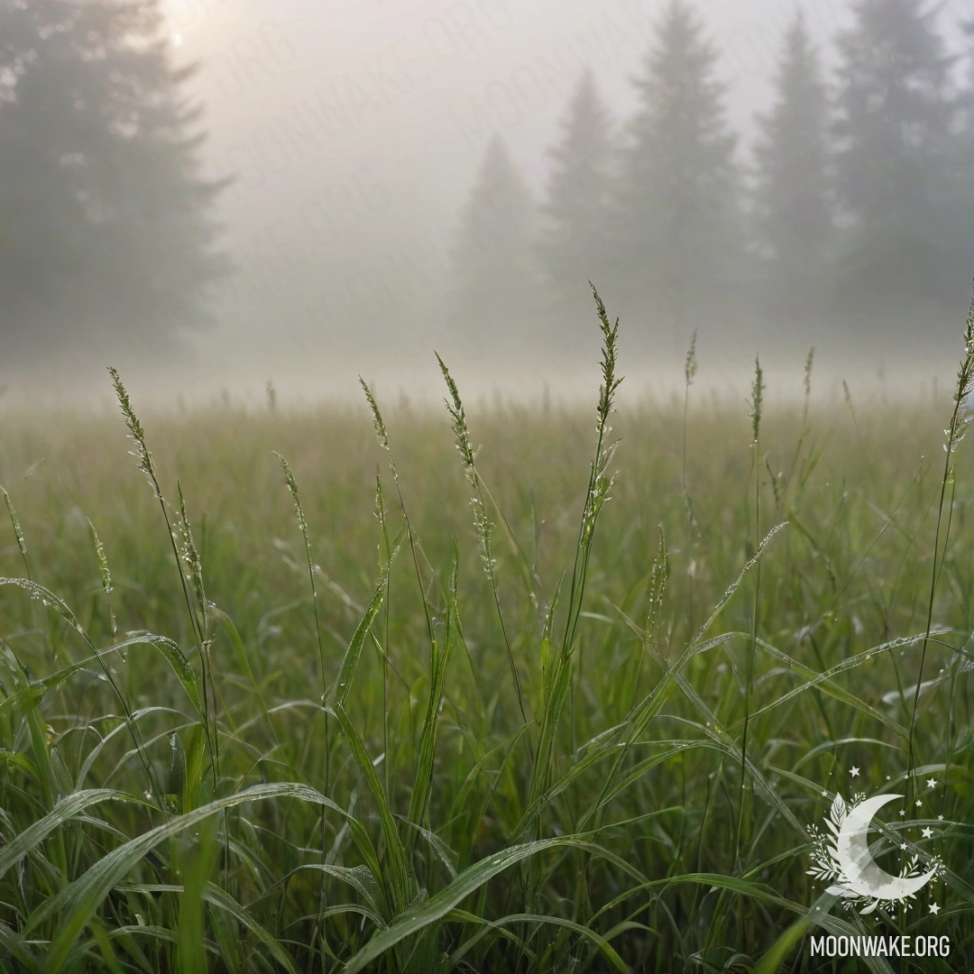 Крупный план травы на мирном поле с мягким боке фона туманного леса.