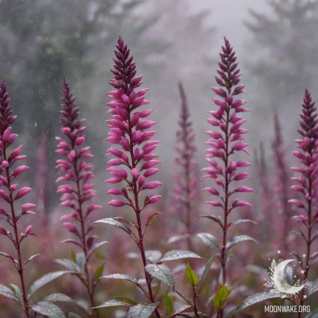 Акварельная картина спокойных вересков в туманном пейзаже под фуксией дождем, украшенная блестками.
