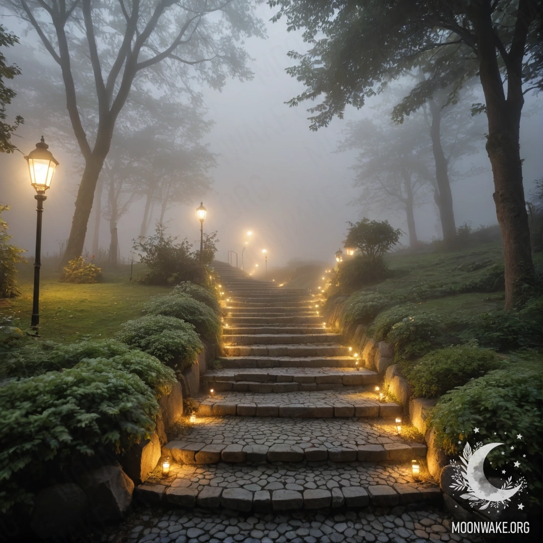 Уютная тропинка в саду с каменными плитами и деревянной лестницей, окутанная густым туманом и украшенная светящимися гирляндами.