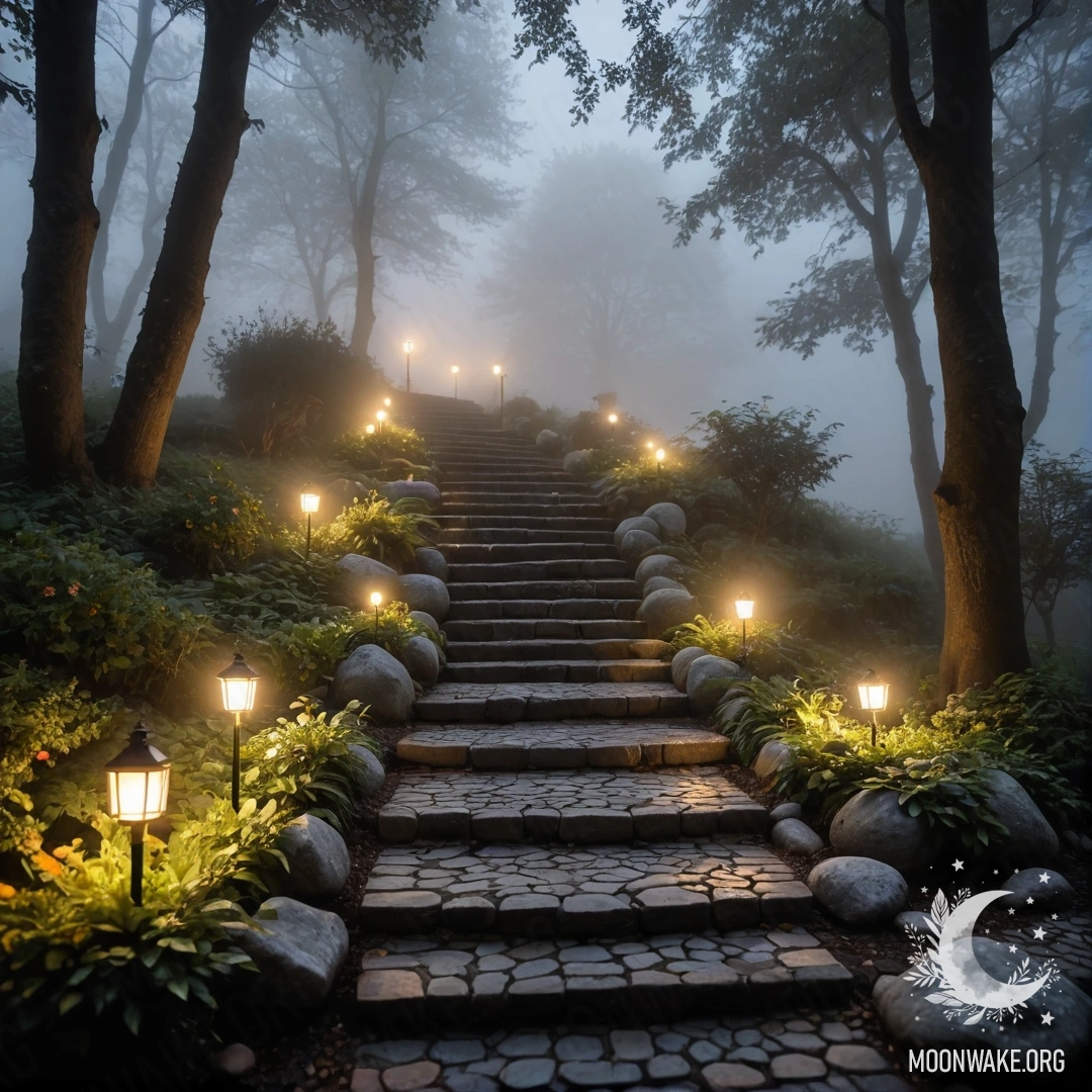 Спокойный сад, украшенный огоньками в густом тумане с каменными дорожками и деревянной лестницей.