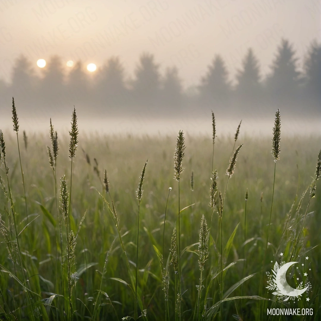 Крупный план травы в туманном поле с размытым небом.