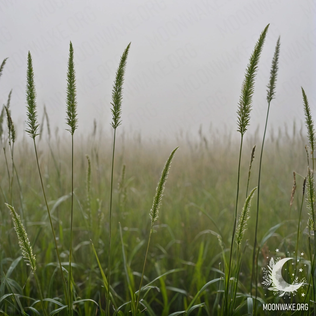 Крупный план травы на туманном лугу с боке на небе