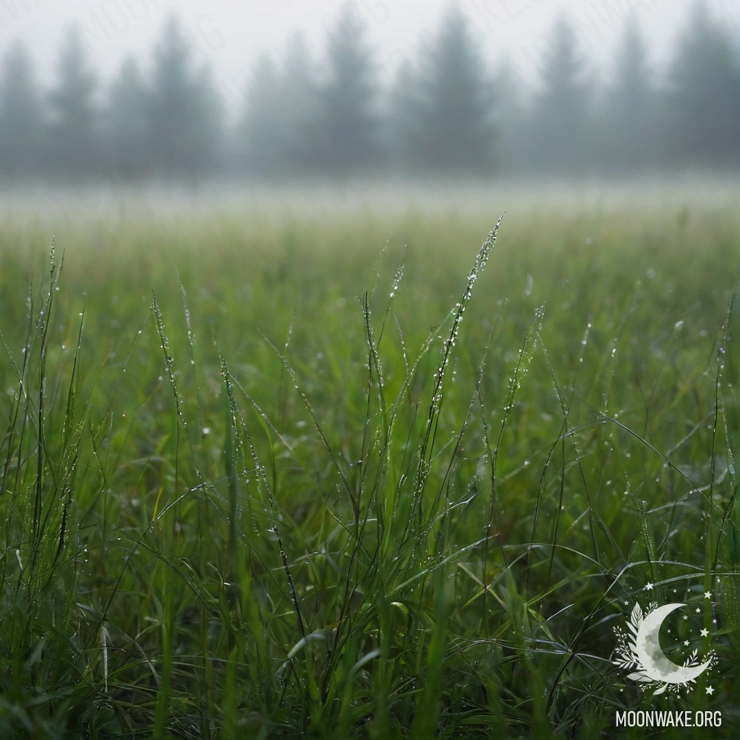 Крупный план травы на туманном поле на фоне размытого леса.