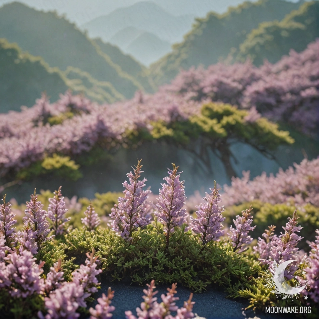 Туманная сцена с прекрасным вереском, солнечными лучами и зелеными стразами.