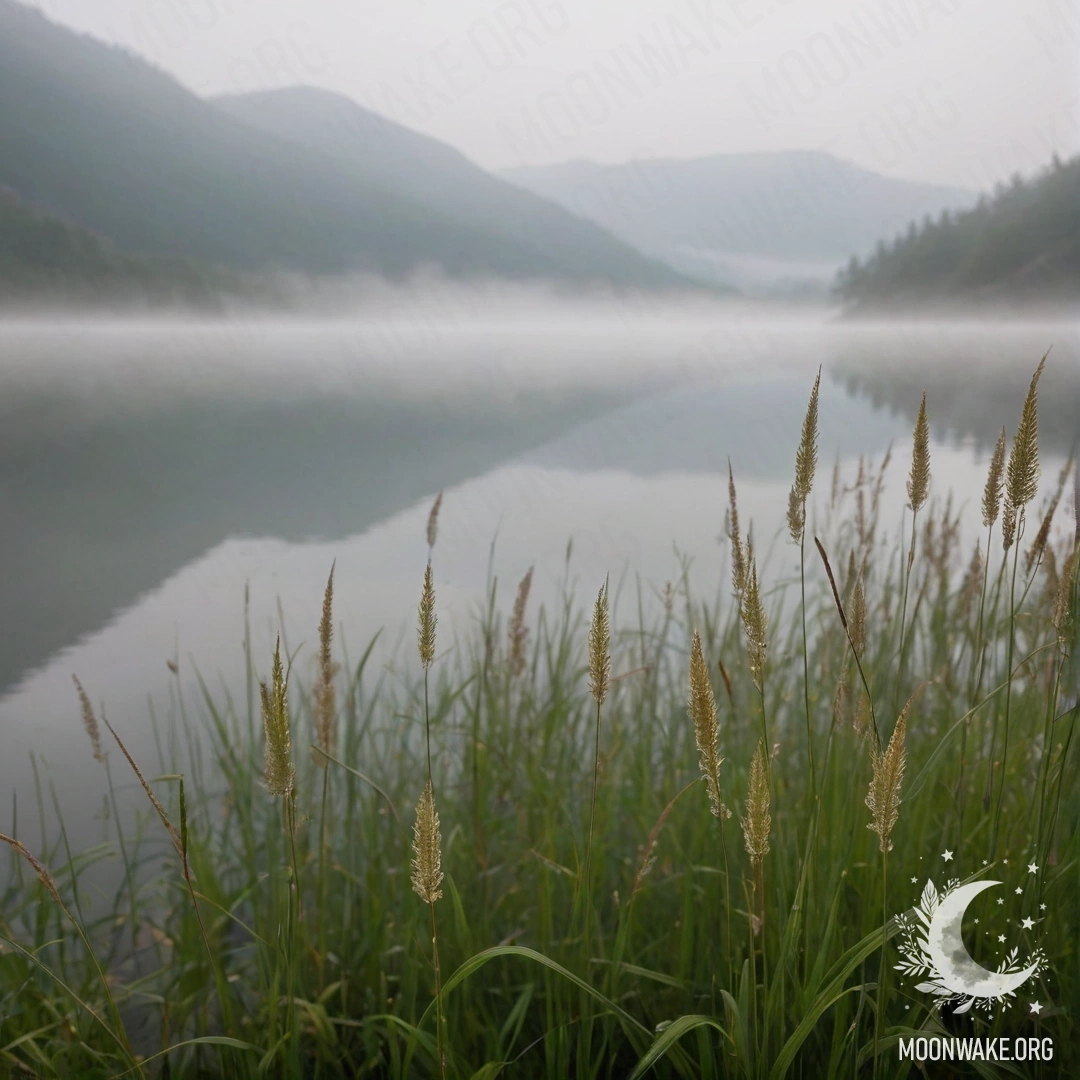 Крупный план нежной травы на фоне туманного горного озера.