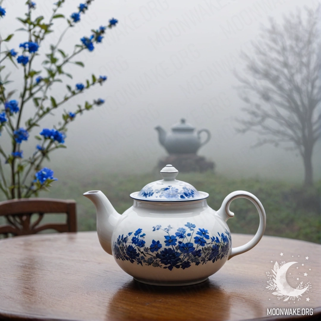 Круглый деревянный стол с фарфоровым чайником, наполненным синими цветами, в густом тумане.