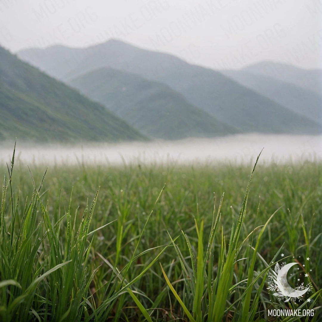 Крупный план травы на поле с горами, окутанными густым туманом.