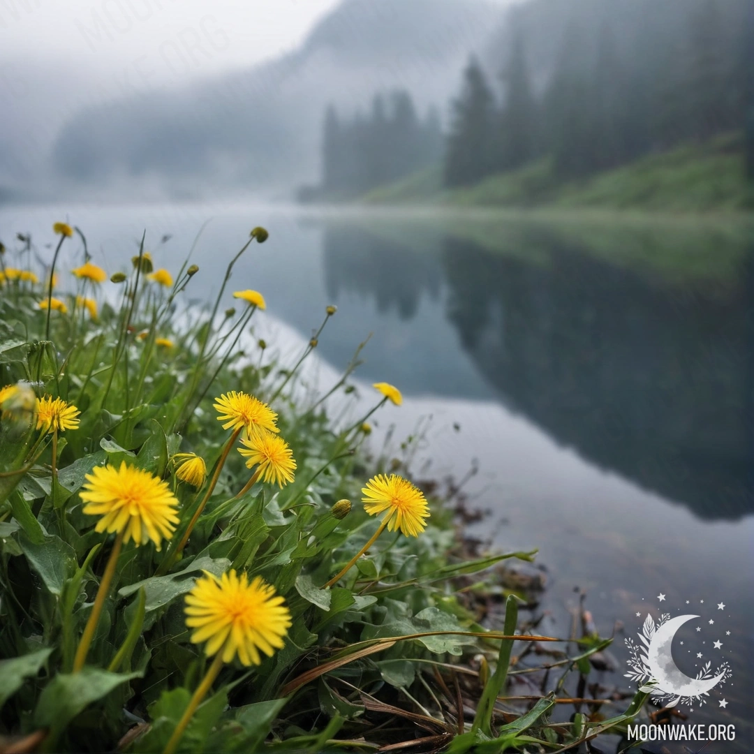 Крупный план одуванчиков на красивом поле с туманным горным озером на фоне.