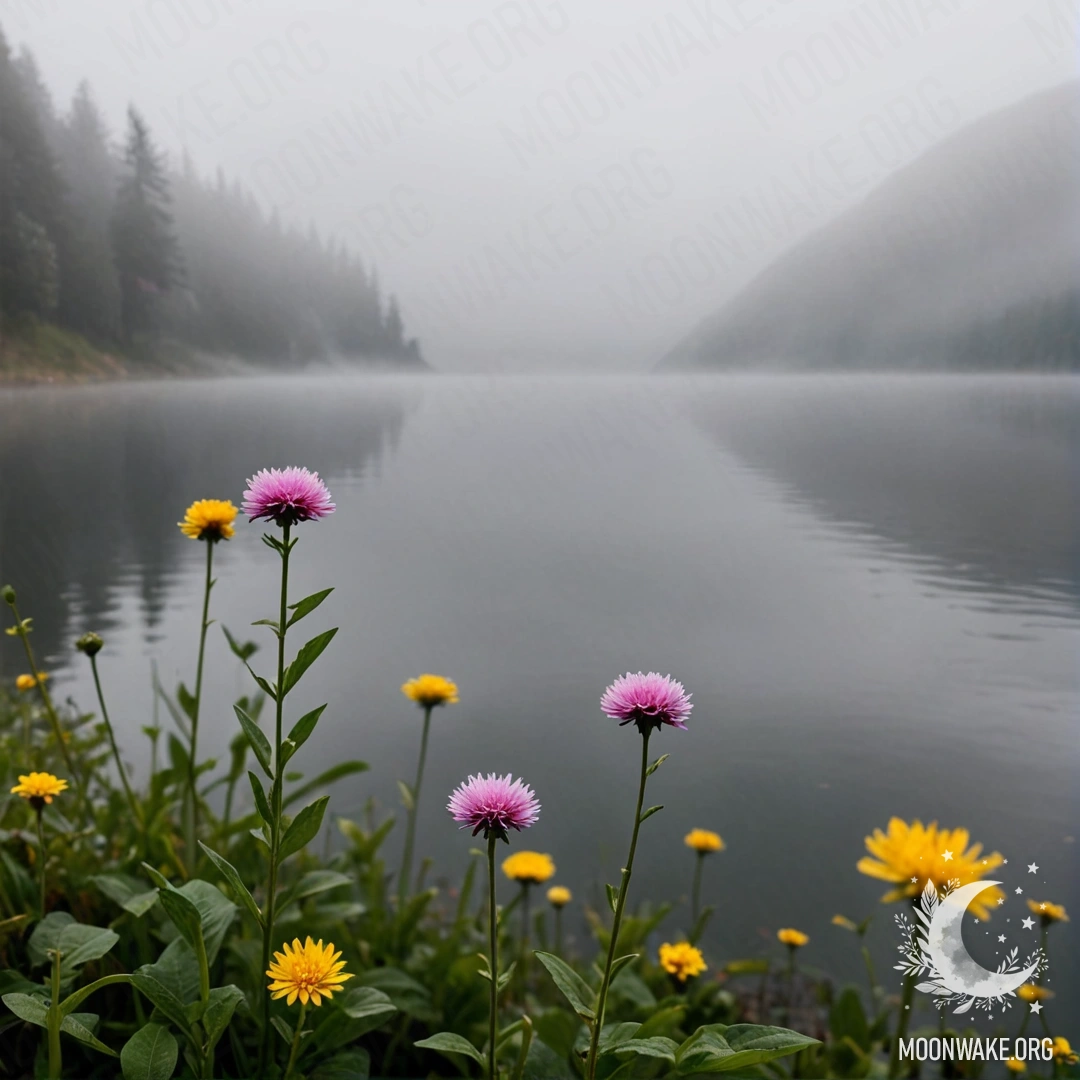 Крупный план полевых цветов на фоне туманного горного озера.