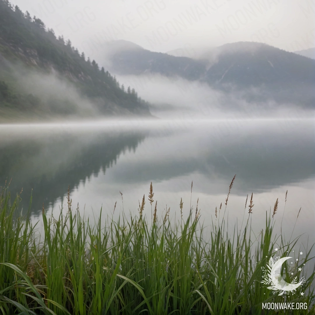 Крупный план травяного поля с размытым горным озером в густом тумане.
