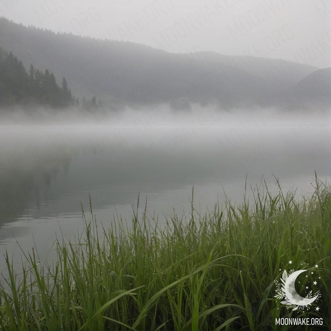 Крупный план травы на спокойном поле у туманного горного озера.