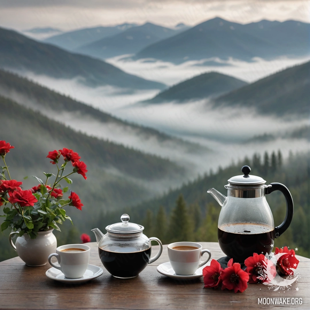 Абстрактный деревянный стол с банкой красных цветов, кофейником и чашками на фоне густого тумана с горами.