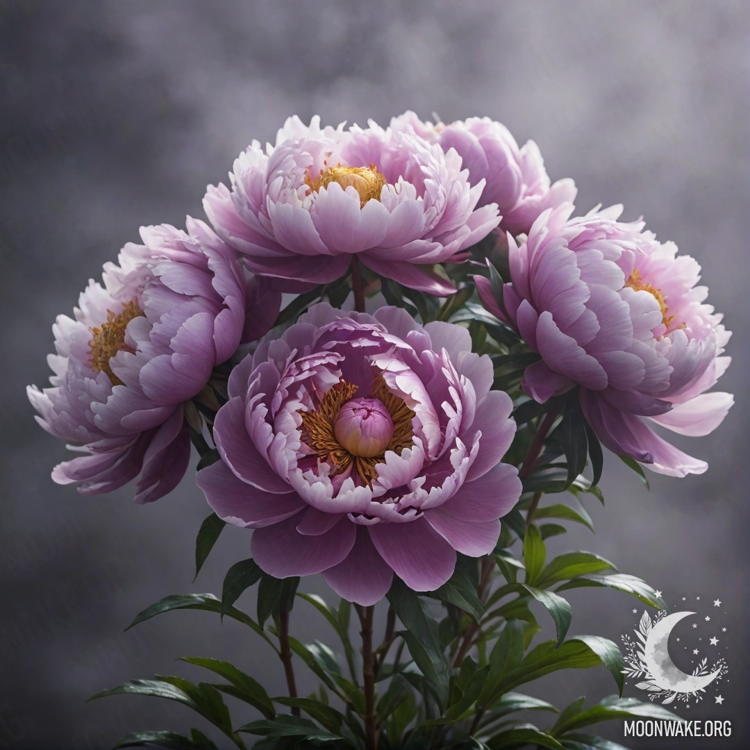 Букет фиолетовых пионов, окутанный туманом.