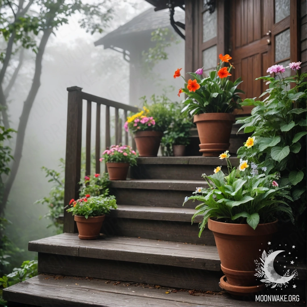 Деревянная лестница, окутанная густым туманом, с цветочными горшками.