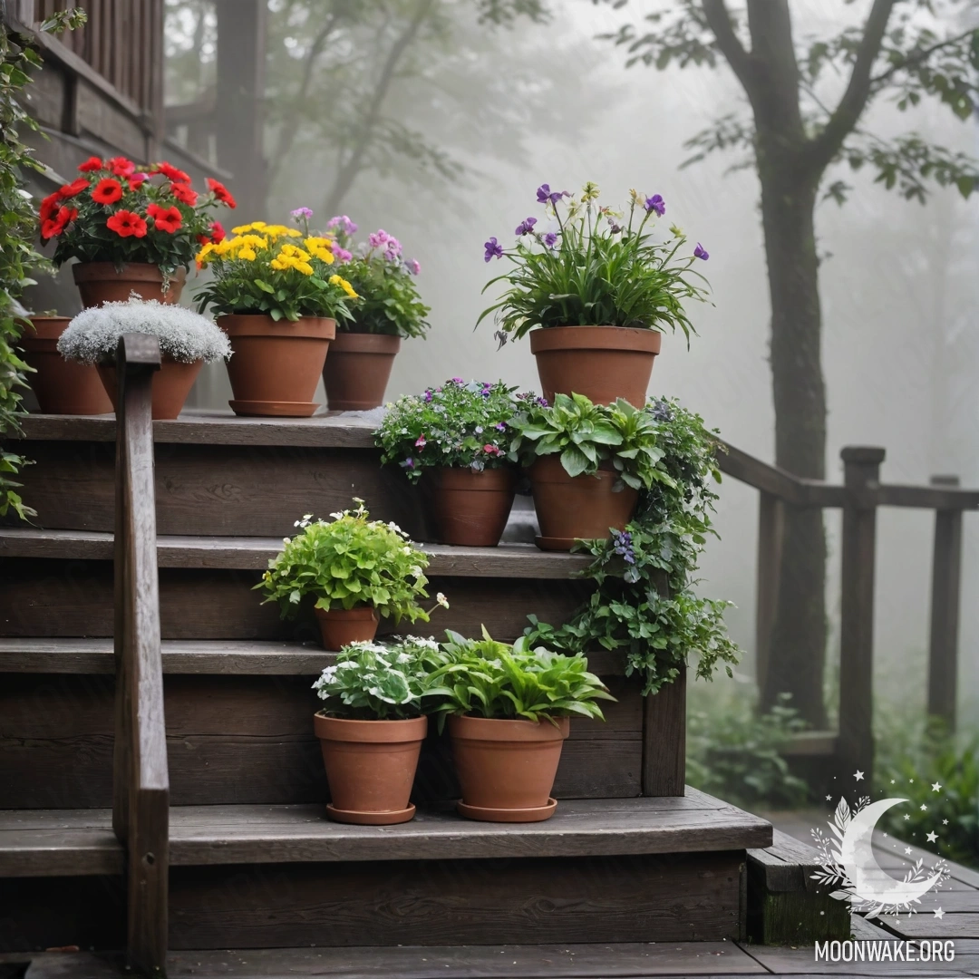 Деревянная лестница, окутанная густым туманом, на которой стоят цветочные горшки.