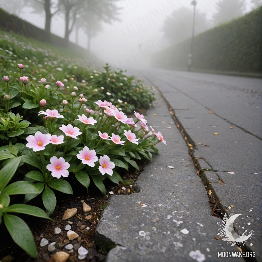 Старый каменный бордюр, окруженный маленькими белыми и розовыми цветами в густом тумане.