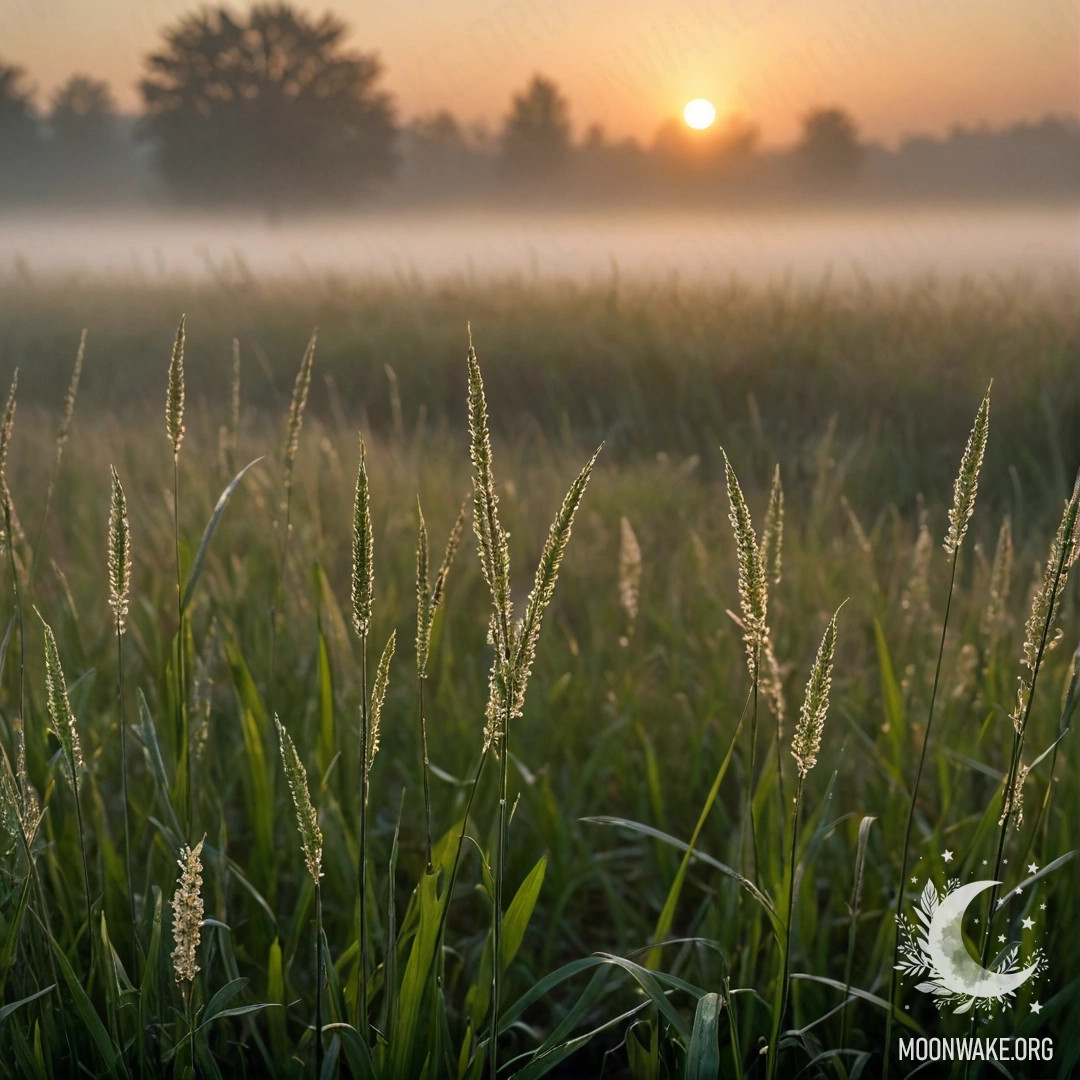 Крупный план травы на мглистом поле во время заката.