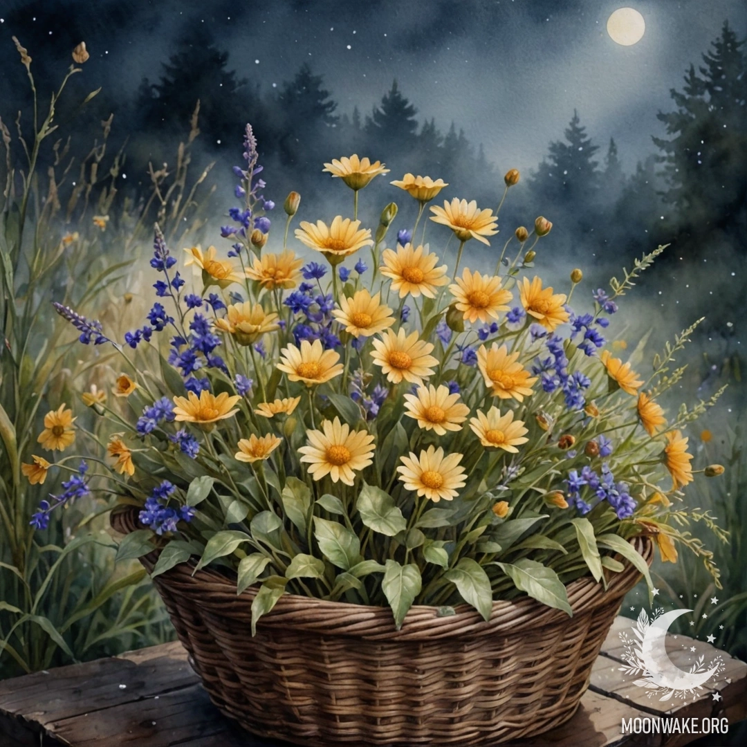 Корзина, полная спокойных дикорастущих цветов, окруженная туманной атмосферой ночью.