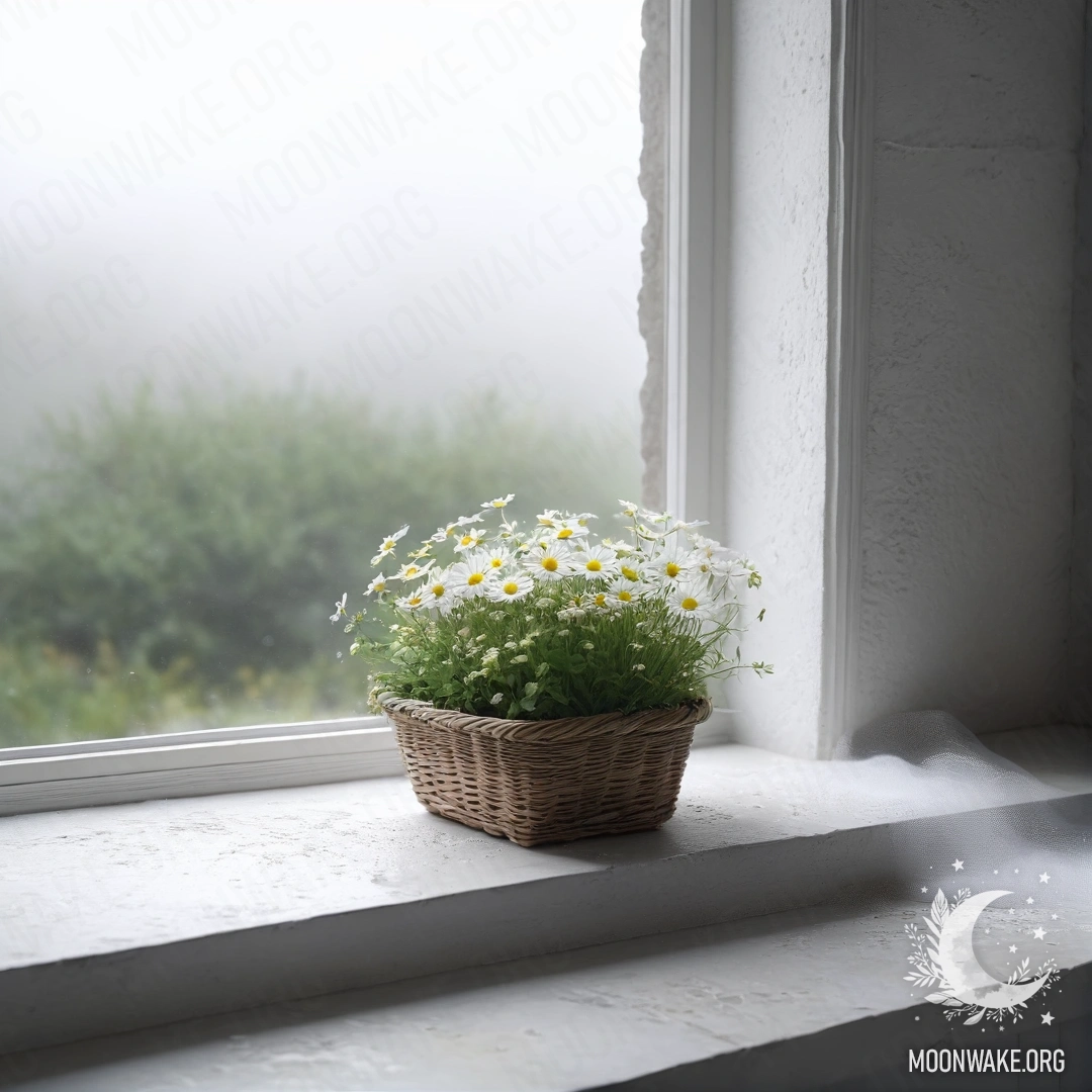 Спокойное изображение белой каменной стены с открытым окном, на подоконнике которого находится корзина с ромашками, окруженная плотным туманом.