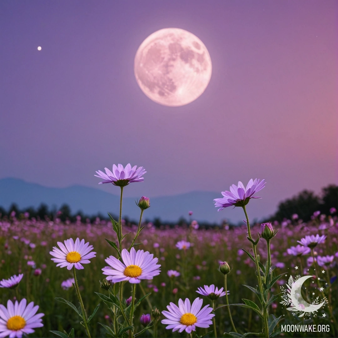 Крупный план полевых цветов, освещенных лунным светом, на фоне розового фиолетового неба.