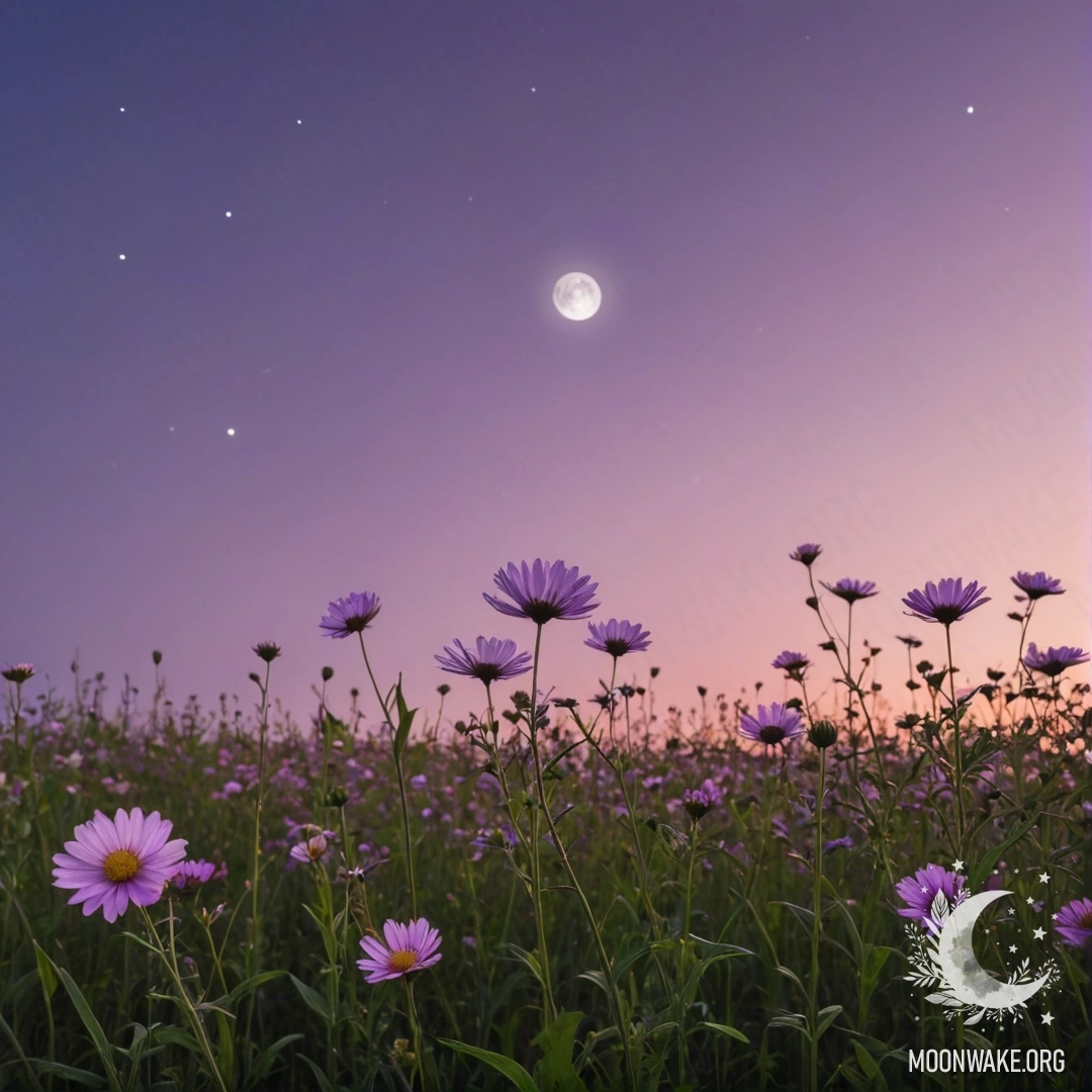 Крупный план нежных полевых цветов на фоне спокойного розово-фиолетового неба и светящейся луны.