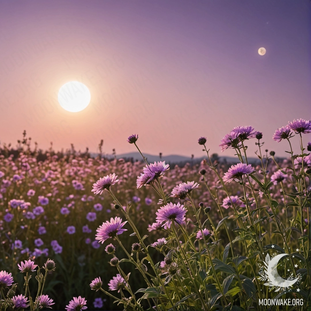 Крупный план ярких цветов на мирном поле под розово-фиолетовым небом с луной и солнцем.