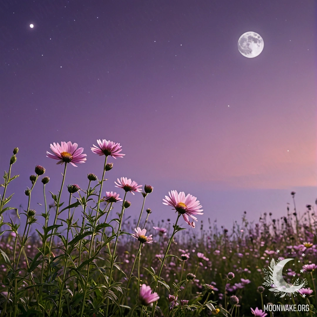 Крупный план цветов на поле под розово-фиолетовым небом с луной.