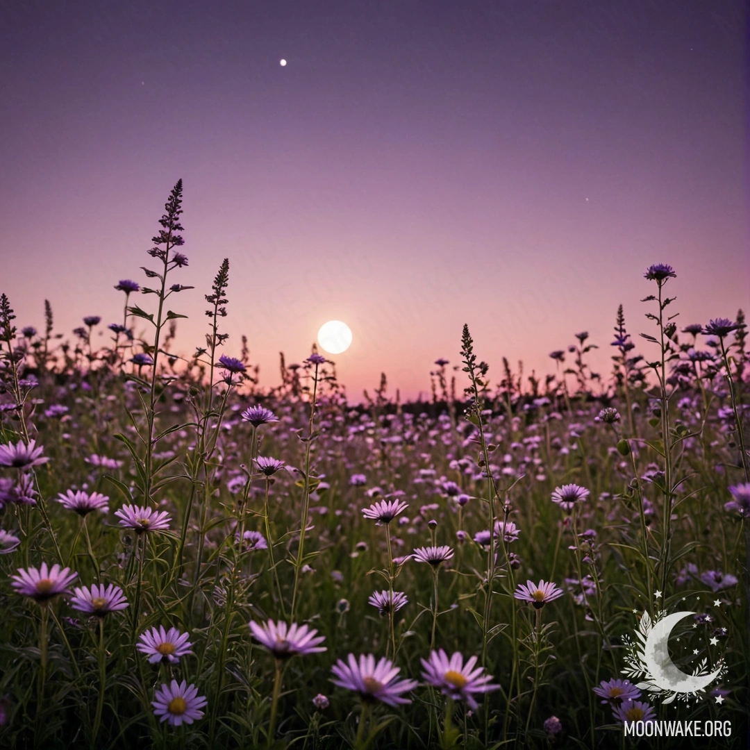 Близкий план спокойных цветов в поле на фоне ночного неба с луной.