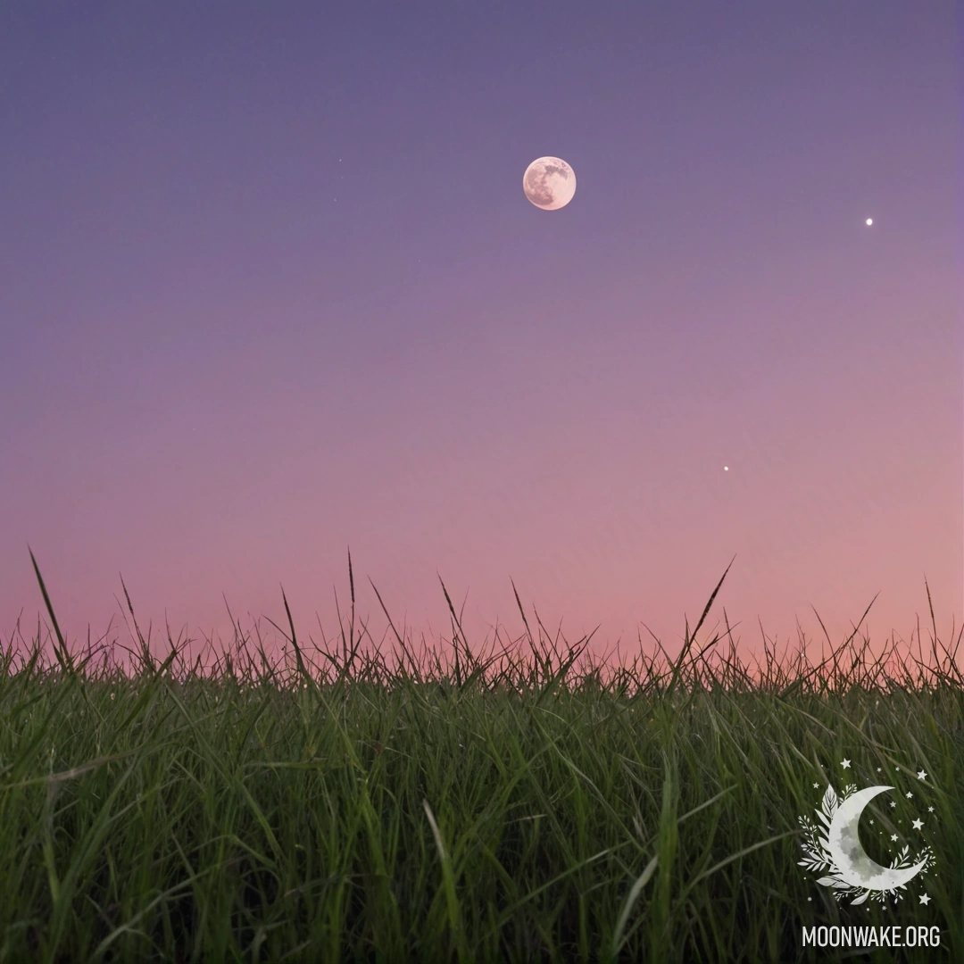 Крупный план травяного поля на фоне розово-фиолетового неба с луной на закате.