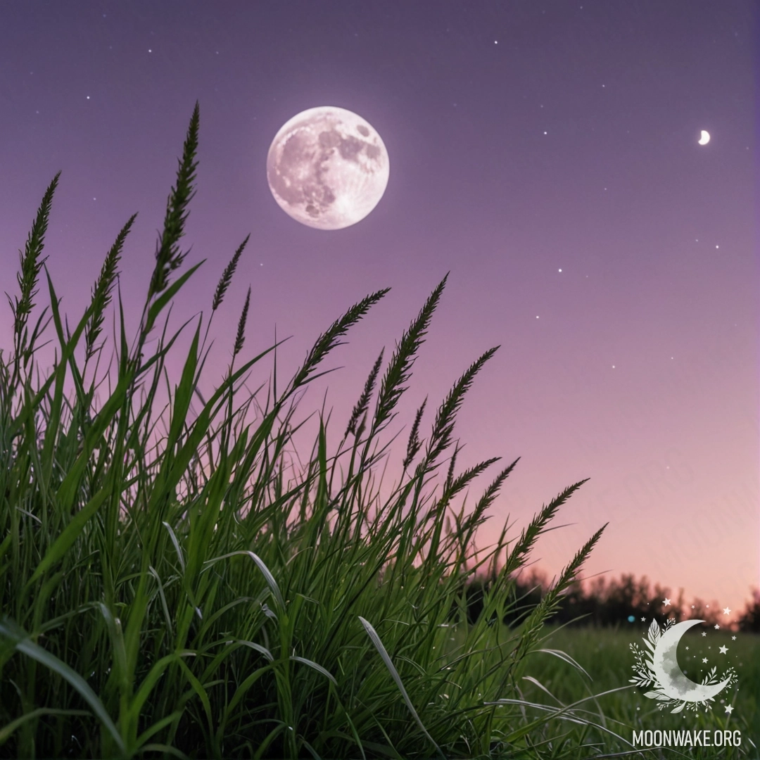 Крупный план травы на спокойном поле под розово-фиолетовым небом с луной ночью.