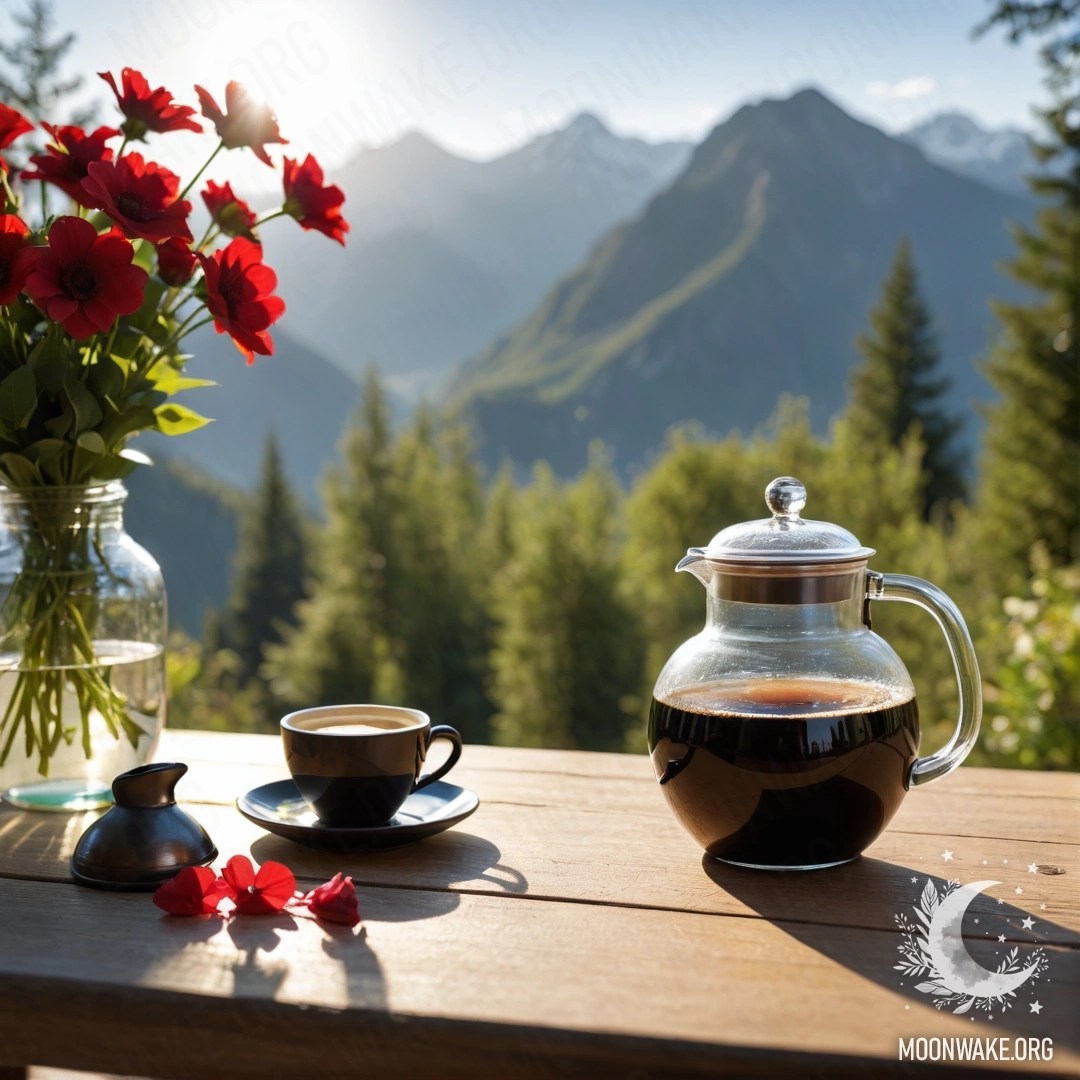 Спокойный деревянный стол, украшенный банкой с красными цветами, кофейником и чашками, на фоне живописных гор, освещённых солнечными лучами.