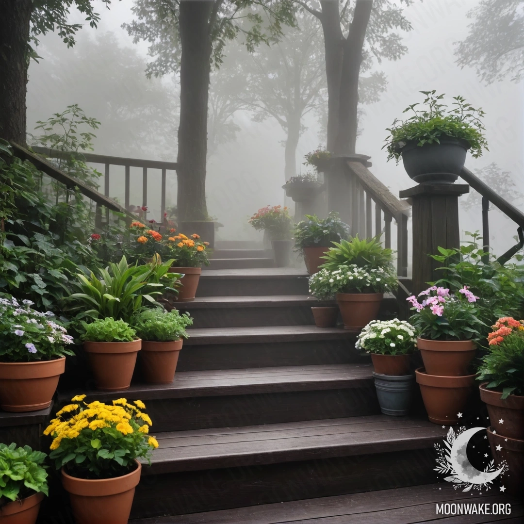 Деревянная лестница, окутанная густым туманом, с разбросанными цветочными горшками.