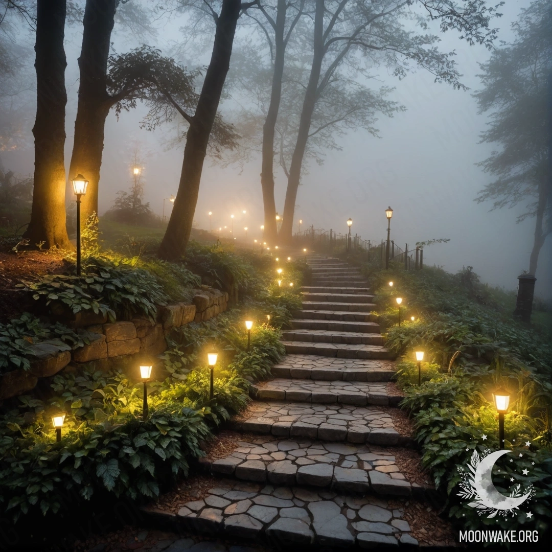 Садовая дорожка из камней, деревянная лестница и гирлянды света в густом тумане.