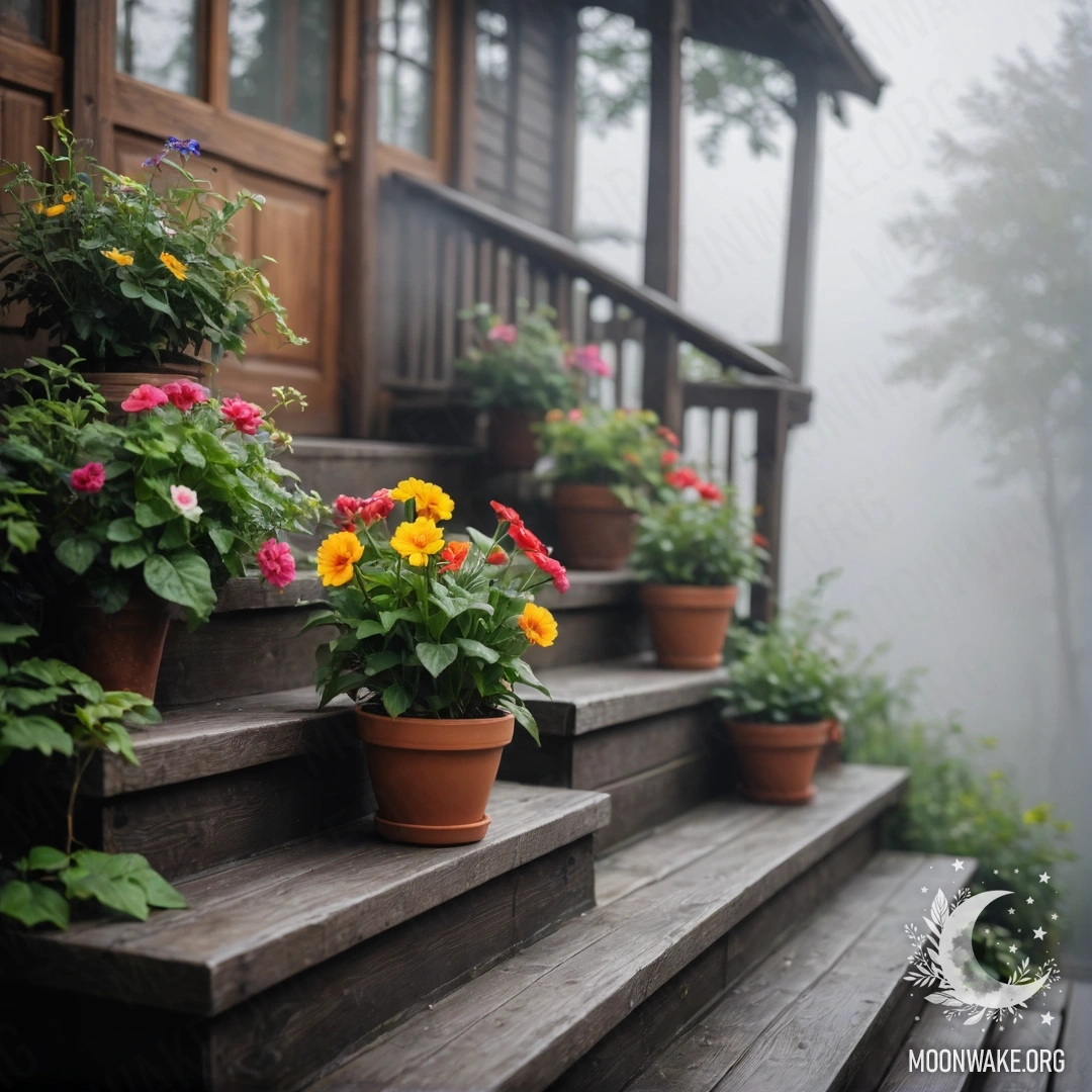 Деревянная лестница, украшенная цветочными горшками, утопающая в густом тумане.