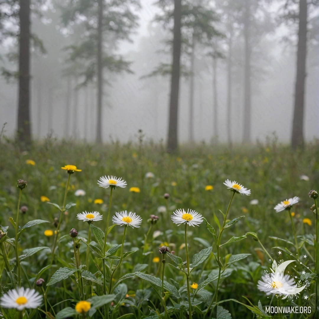 Крупный план нежных полевых цветов на фоне размытого леса в густом тумане.