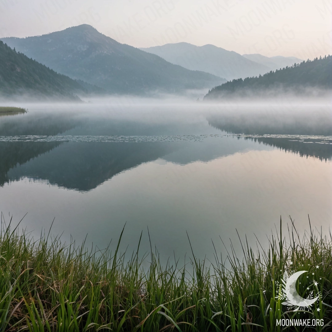 Крупный план травы на поле с горным озером на фоне, окутанным густым туманом.