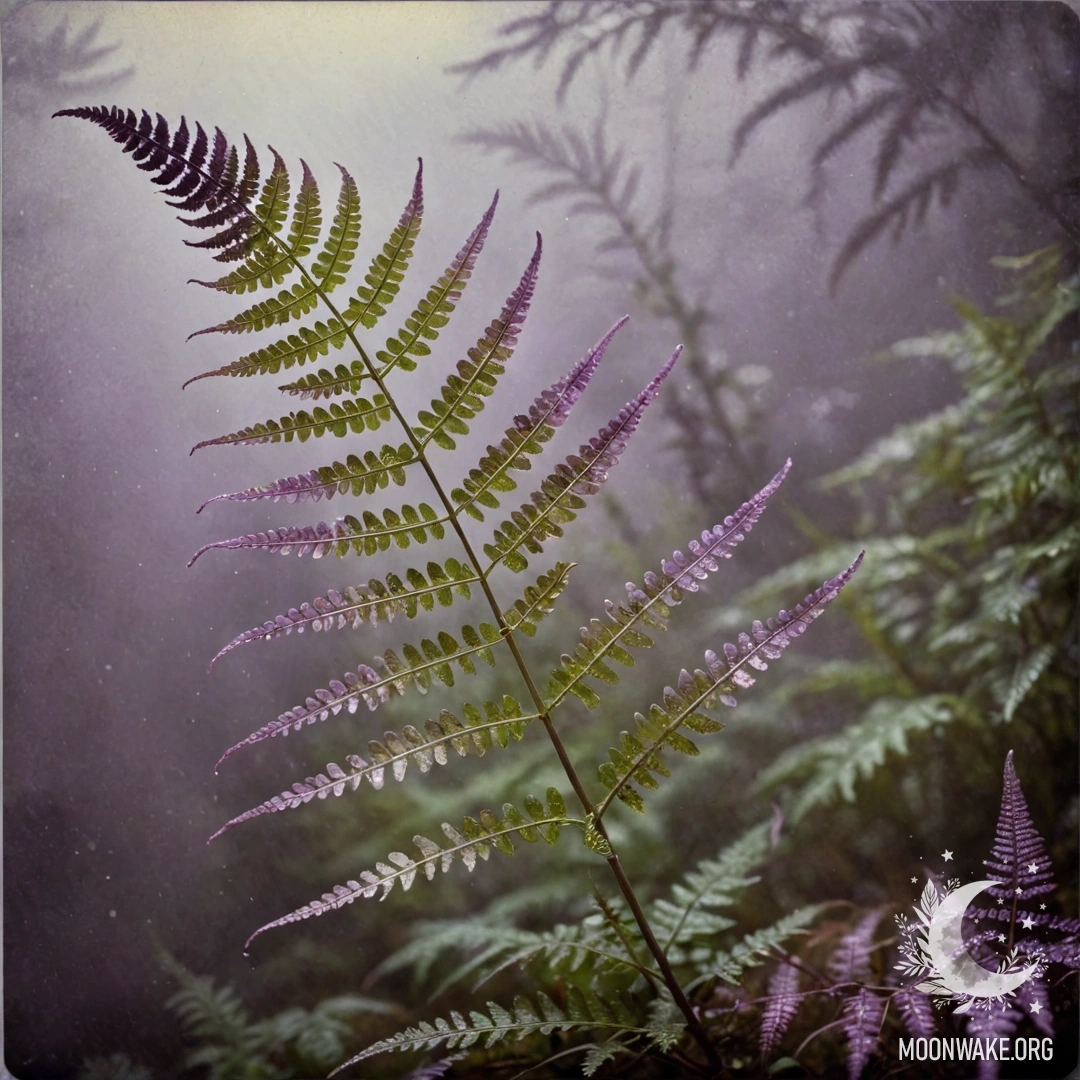 Красивый фиолетовый папоротник окружен туманом, украшенный пайетками.