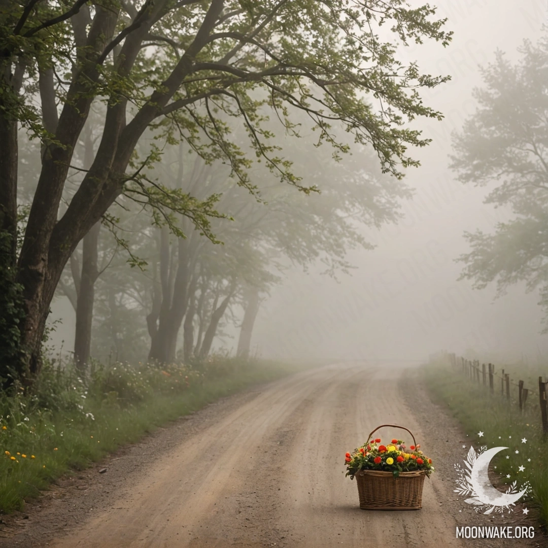 Абстрактная dirt road с корзиной цветов в тумане.